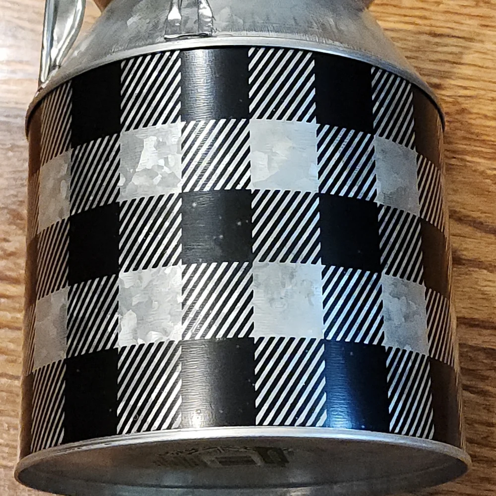 Farmhouse Silver and Black Buffalo Plaid Checkered Metal Milk Can With Handles